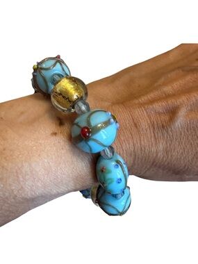 Handmade Murano Glass Bead Bracelet – Aqua Blue & Gold Foil Stretch Bracelet